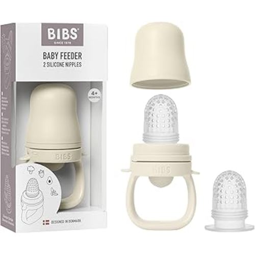 BIBS Baby Feeder with 2 Silicone Nipples, Compatible with Freezer Tray, Easy-Grip, BPA-Free - Ideal for Teething & Self-Feeding, 4+ Months - Ivory
