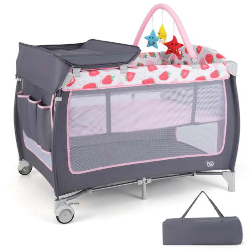 Babyjoy 3 in 1 Baby Playard Portable Infant Nursery Center with Zippered Door Pink & White