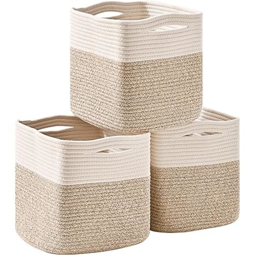 11 Inch Cube Storage Bins, Storage Cube Organizer Bins, Woven Cotton Rope Baskets for Storage, Storage Baskets for Organizing Shelves, Cube Baskets for Toys, Off White & Brown (Pack of 3)
