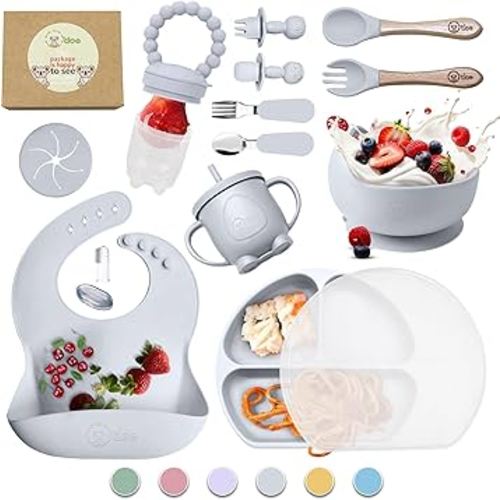 O'doe 17-Piece BPA-Free Silicone Baby Feeding Set | Thick & Soft Suction Plates, Baby Bowls, Wooden Fork & Spoon, and More | Make Mealtime Fun and Easy for Your Little One (Grey, V2)