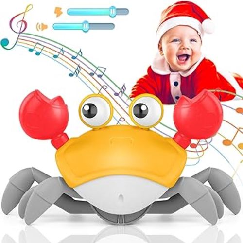 Crawling Crab Baby Toy, Upgraded Tummy Time Gifts for Newborn Babies 3-6 6-12 Month, Light-Up Walking Dancing Moving Crab with Music & Obstacle Avoidance, Rechargeable Sensory Development Toy (Orange)