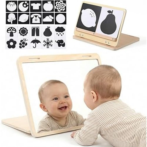 Tummy Time Play Set Adjustable Angle, Double-Sided Design, Montessori Tummy Time Toys Large Baby Safe Mirror and Card Display Stand with Black and White High Contrast Baby Cards