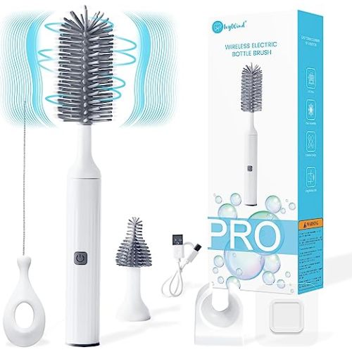 Electric Baby Bottle Brushes USB Rechargeable, Waterproof Bottle Cleaner Brush Wall-Mounted, with Silicone Bottle/Pacifier/Straw Brush, Two-Speed Cleaning Mode, 360° Rotating Cleaning, 1200mAh (Grey) - White With Grey Brush Head