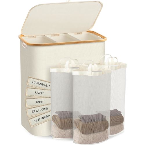HBlife Hampers for Laundry Basket with Lid, 160L Extra Large 3 Section Clothes Divided Organizer for Bedroom, Laundry Room,Dirty Clothing Hamper, Beige