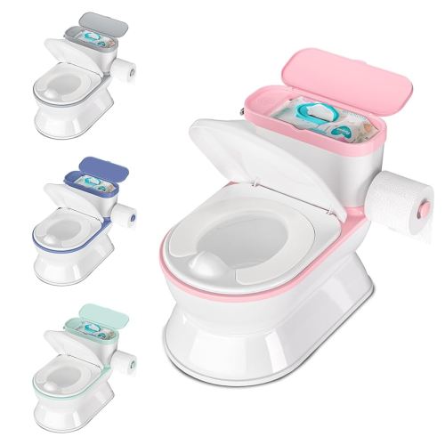 2-in-1 Toddler Potty Training Toilet - Larger Potty Chair & Detachable Training Seat for Boys & Girls Ages 1-3 with Flushing Sound, Wipes Storage, Toilet Paper Holder - Pink