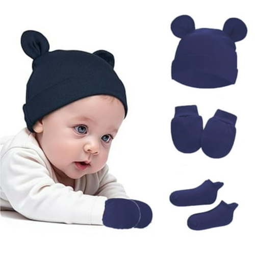 Yabanana Newborn Fetal Hat Scratch Resistant Gloves Foot Cover Baby Hat Hand and Foot Cover Baby Hat for 0-6 Months, Navy