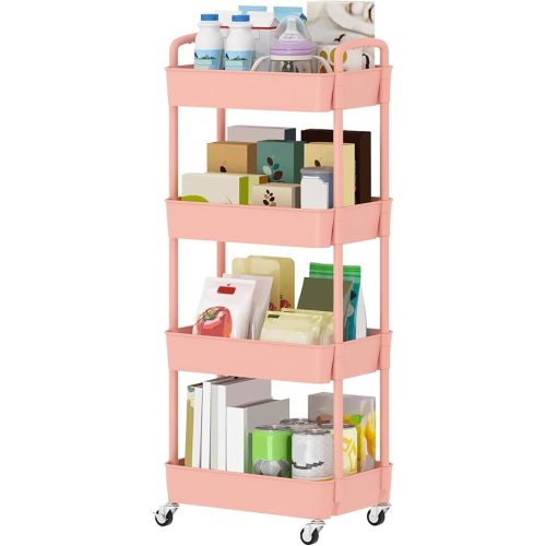 Sywhitta 4-Tier Plastic Rolling Utility Cart with Handle, Multi-Functional Storage Trolley for Office, Living Room, Kitchen, Movable Storage Organizer with Wheels, Pink