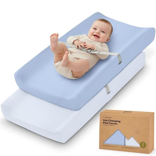 2-Pack Baby Changing Pad Cover for Girl, Boy - 34x18 Soft Viscose Derived from Bamboo Baby Diaper Changing Table Pad Cover Sheets, Neutral, Snug Fit Nursery Diaper Change Sheets (Blue Flax)