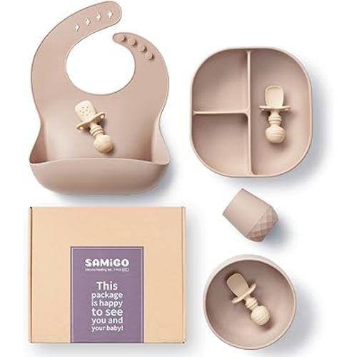 SAMiGO Silicone Baby Feeding Set, Suction Plate Bowl Set, Self Feeding Spoons, Bib, Cup, Baby Led Weaning Supplies, First Stage Feeding Essentials, Food Eating Utensils, 6+ Months