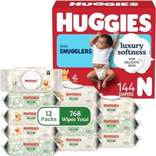 Huggies Little Snugglers Baby Diapers with Huggies Natural Care Sensitive Baby Wipes, Newborn (up to 10 lbs), 144 Diapers & 768 Wipes, Packaging May Vary