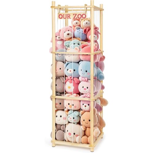 Stuffed Animal Storage - Tall Natural Pine Wood Toy Organizer with Elastic Cords & Shelf, Space-Saving Plushie Playhouse for Nursery, Playroom, Kids Bedroom - Easy Assembly