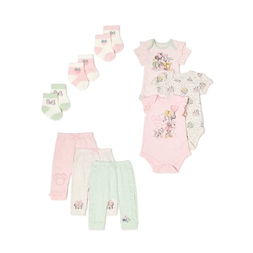 Disney Baby Wishes + Dreams Baby Girl Minnie Mouse Bodysuits & Pants Set, 9-Piece, Newborn-12 Months
