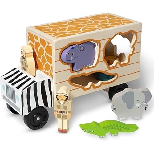 Melissa & Doug Animal Rescue Shape-Sorting Truck - Wooden Toy With 7 Animals and 2 Play Figures -Vehicle Toys For Toddlers