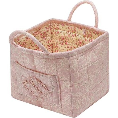 Quilted Fabric Storage Basket with Handles & Pocket, Foldable Laundry Hamper Boho Floral Print Organizer Bin for Home, Picnic, Office 12"x10"x10" (A-4)