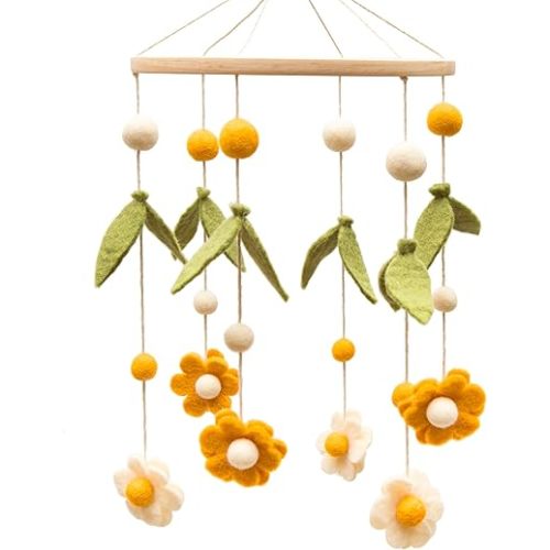 GLACIART ONE Baby Nursery Flower Mobile for Crib | Gender Neutral Mobile for Daisy Nursery Decor | Felt Hanging Leaves & Daisy Flowers Room Decorations Handmade from Natural Wool | Great Gift Idea