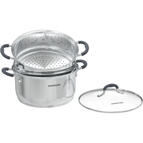 SUNHOUSE - 3.3 Quarts Steamer Pots With Lid 2-Tier Multipurpose Stainless Steel Steaming Pot Cookware For Vegetable, Dumpling, Sauce, Food - Triple Bottom, Measurement Line