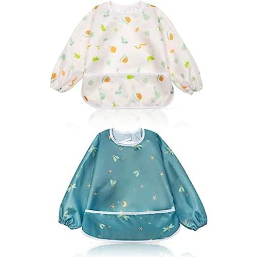 Little Dimsum Mess-Proof Baby Bibs|Infant Toddler Long Sleeve Waterproof Feeding Art Smock|Catching Food & Wipe Clean| Pack of 2 Colors(ants&dragonflies)