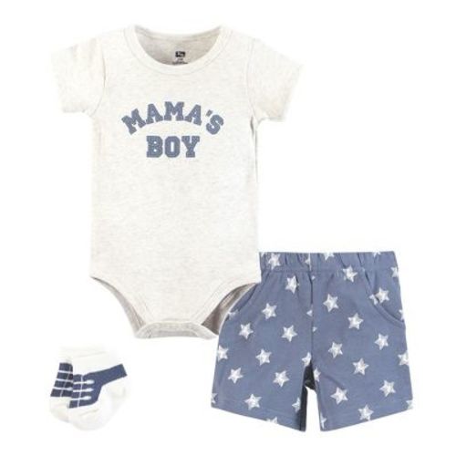 Hudson Baby Infant Boys Bodysuit, Short and Sock, Mamas Boy Blue Star, 3-6 Months