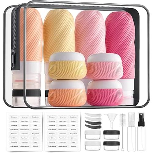 LitBear 23 Pack TSA Approved Travel Bottles for Toiletries, Leak Proof Refillable Travel Size Containers Kit with Silicone Squeezable Bottles Jars for Shampoo Lotion Conditioner, in Clear Bag, Gray