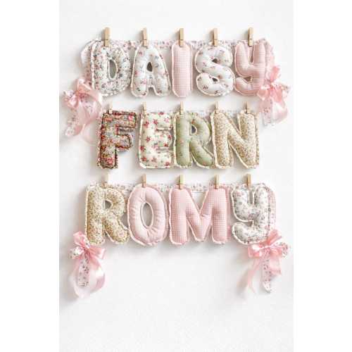 Heirloom Personalized Name Garland, Grandmillennial Vintage Nursery Decor, Timeless Floral Baby Name Banner, Quilted Fabric Letters