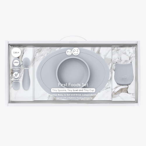 ezpz First Foods Set (Pewter) - 100% Silicone Suction Bowl, 2oz Cup, Tiny Spoons - Designed by a Pediatric Feeding Specialist - 6 Months+