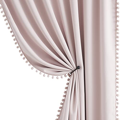 Jubilantex Pom Pom Pink Blackout Curtains 84 inches Long 2 Panels Triple Weave Window Treatments for Girls Bedroom and Living Room,52" x 84",Grommet