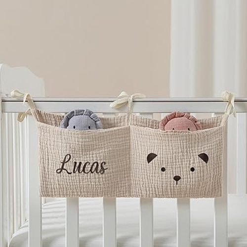 Custom Name Baby Bedside Hanging Storage Bag: Personalized Linen Muslin 2 Pockets Nursery Hanging Organizers for Baby Cribs and Toys