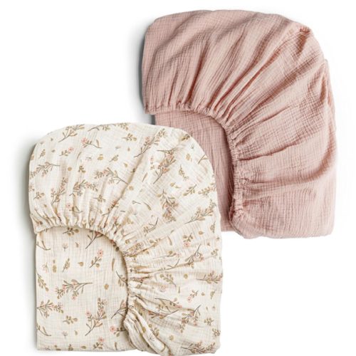 Konssy Muslin Crib Sheets for Girl Boy, 2 PCS Soft and Breathable Cotton Baby Sheets for Standard Crib Mattress, 52"x 28" (Floral, Pink)