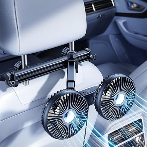 ELOHEI Car Fan for Backseat Kids with Foldable Stand, 12V Quiet 3 Speed 360° Rotate Dual Head Usb Car Fans Strong Wind Power for Universal Cars SUV Sedan Trucks