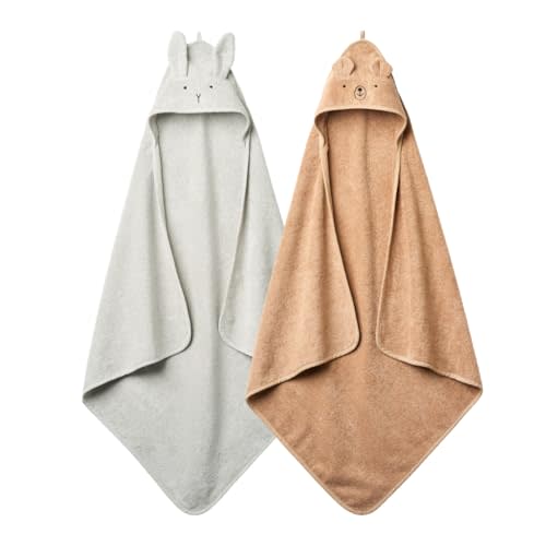 Baby Hooded Towels – Organic Cotton Baby Bath Towels – Baby Towels, Baby Bath Towels for Baby Boy, Baby Girl, Large 32" x 32" Super-Soft and Absorbent Baby Towels 2-Pack (Rabbit Grey/Bear Natural)
