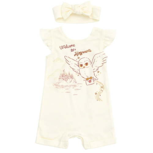 Harry Potter Hedwig Owl Infant Baby Girls French Terry Romper and Headband White 24 Months