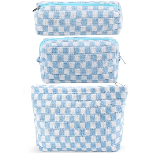 ZLFSRQ 3Pcs Checkered Makeup Bag for Women Large Small Checkered Cosmetic Bag Set Aesthetic Preppy Pencil Case Cute Pencil Pouch Blue Makeup Pouch for Purse Travel Toiletry Bags Zipper Skincare Bags