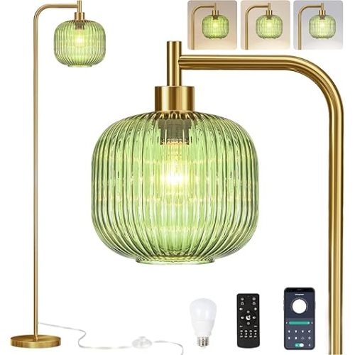 Glass Floor Lamp for Living Room,Bedroom,Gold Dimmable Standing Lamp with Remote,Mid Century Modern Brass Boho Tall Lamp Vintage Retro Floor Lamps Green Industria Floor Light Lamp Bohemian
