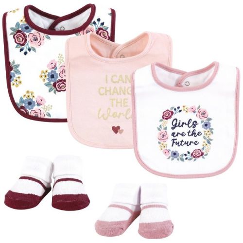 Hudson Baby Infant Girl Cotton Bib and Sock Set, Girls World, One Size