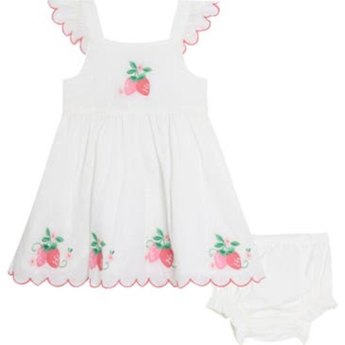 Floral Strawberry Embroidered Ruffle Accent Cotton Dress & Bloomers, 0-3M