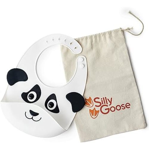 Silly Goose Silicone Animal Baby Bibs for Babies and Toddlers, Waterproof, Adjustable, Soft, Extra Wide Food Catcher Pocket (Baby Panda)