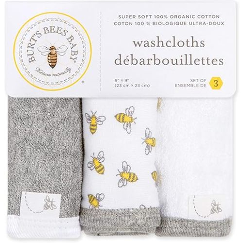 Burt's Bees Baby Infant Washcloths, 100% Organic Cotton, Soft and Super Absorbent Knit Terry Wash Cloth - 3 Pack Set