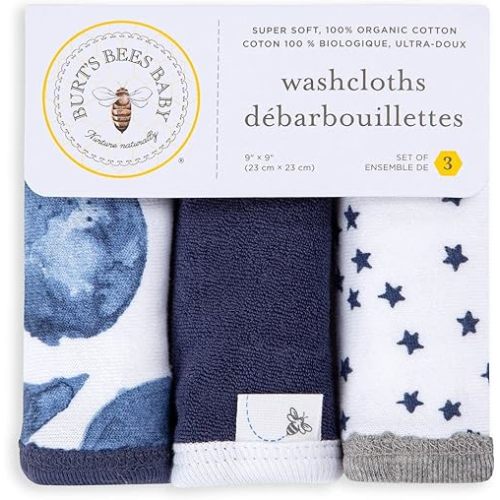Burt's Bees Baby Infant Washcloths, 100% Organic Cotton, Soft and Super Absorbent Knit Terry Wash Cloth - 3 Pack Set