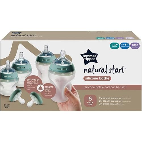 Tommee Tippee Natural Start Silicone Baby Bottle & Pacifier Set, 5oz and 9oz, 0+ months, Slow-Flow Nipple for a Natural Latch, Breast-Like Pacifiers, Self-Sterilizing