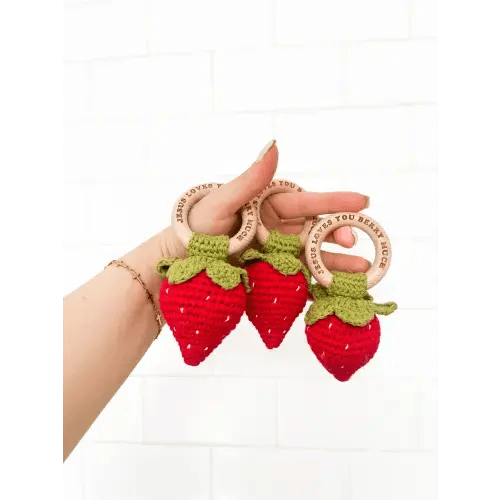 Jesus Loves You Berry Much Strawberry Knitted Teether Rattle