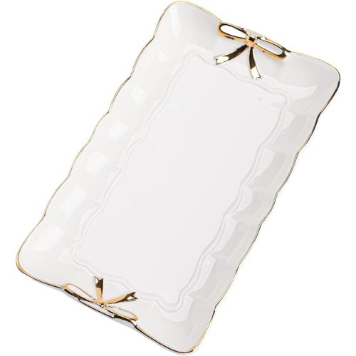 Long shaped jewelry tray with personalized bow tie for engagement and wedding gifts, for friends, sisters, and women's birthday and Christmas gifts, ceramic white
