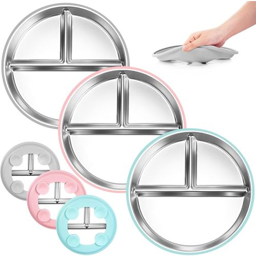 Bella's Friends Stainless Steel Toddler Plates Silicone Suction,3 Packs Non-Slip Baby Plates,Divided Portion,Food-Grade Silicone Plate for Kids,LEAD-FREE Dishwasher Safe,Grey Green Pink