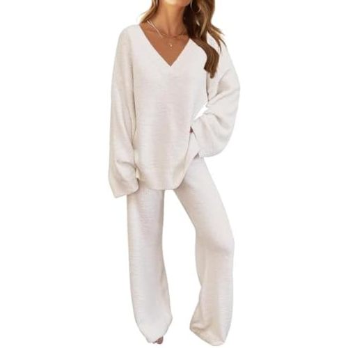 TECREW Women's Fuzzy Fleece Lounge Sets 2 Piece Outfits Long Sleeve Top Wide Leg Pants Pajama Sets