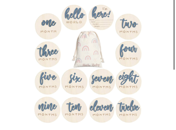 Amazon.com: Burbell Baby Monthly Milestone Announcement Signs Wood,Slate Blue,Letter | 7 Pack, 3D Double Sided Hello World Newborn Card Signs, Wooden Circles Discs, for Welcome Newborn Shower Boy Girl Photo Props
