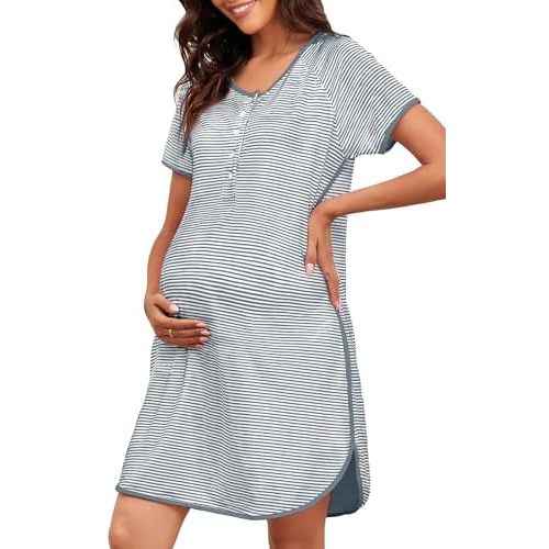 Stripe Maternity Nursing Nightgowns Women Buttons Pregnancy Short Sleeve Nightdress Soft Side Split Loungewear Pjs