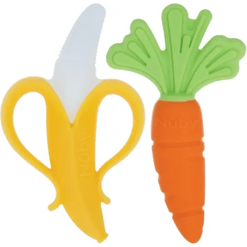 Nuby NanaNubs Banana Massaging Toothbrush and Realistic Silicone Carrot Teether with Massaging Bristles Combo - Gentle on Gums - 3 Months