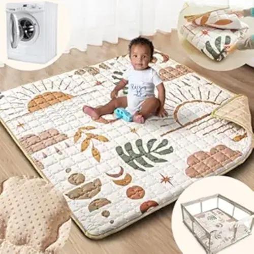 Baby Play Mat, 50x50 Playpen Mat with Super Soft Touch, Activity Mat with Upgraded Anti-Slip Bottom, Machine Washable Crawling Mat for Floor & Picnic(Boho Nature)