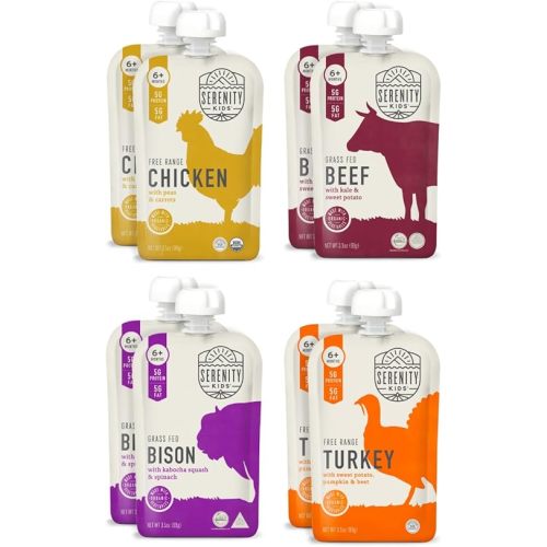 Serenity Kids 6+ Months Baby Food Pouches - Puree with Ethically Sourced Meat & Organic Veggies - 3.5 Ounce BPA-Free Pouch - Variety Pack, 8 Count - Baby Food Meat