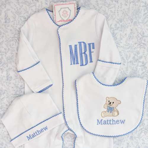 Newborn Baby Boy Coming Home Outfit: Custom Embroidered Monogram Sleeper, Hat & Bib