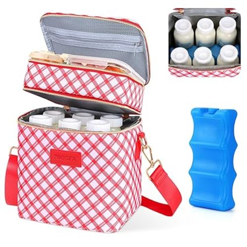 Breastmilk Cooler Bag with Ice Pack, Fits 6 Baby Bottles Up to 9 Oz, Stylish Baby Cooler Travel Bags with Shoulder Strap, Double Deck & Leakproof for Nursing & Working Mom-Red & White Striped